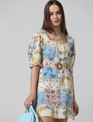 Multi-Colour Printed Puff Sleeves Dress