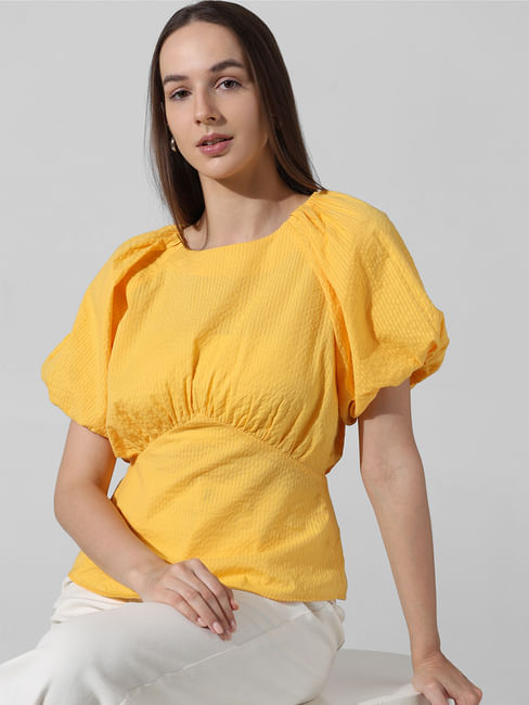 Yellow Textured Puff Sleeves Top