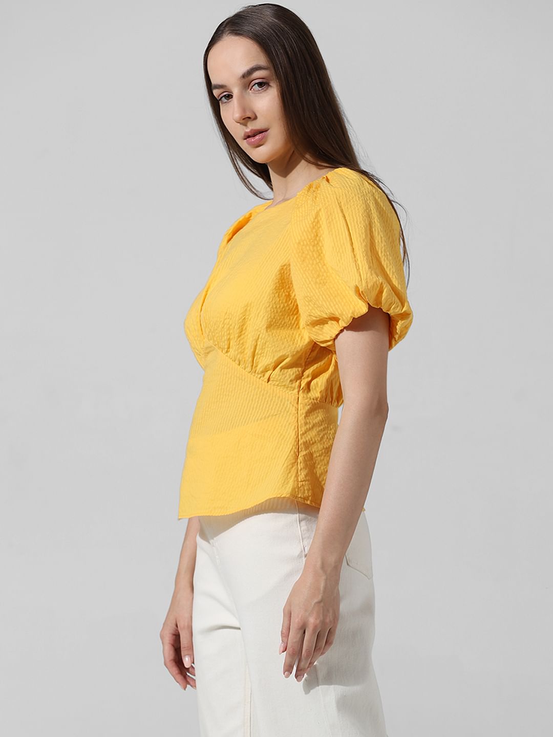 Yellow Textured Puff Sleeves Top