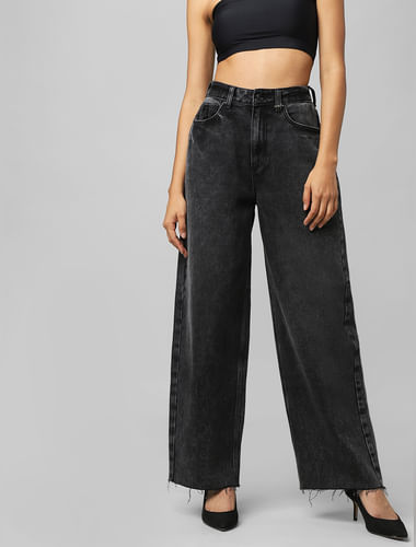 Black High Rise Washed Wide Leg Jeans