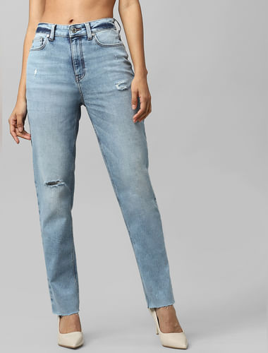 Light Blue High Rise Distressed Straight Jeans