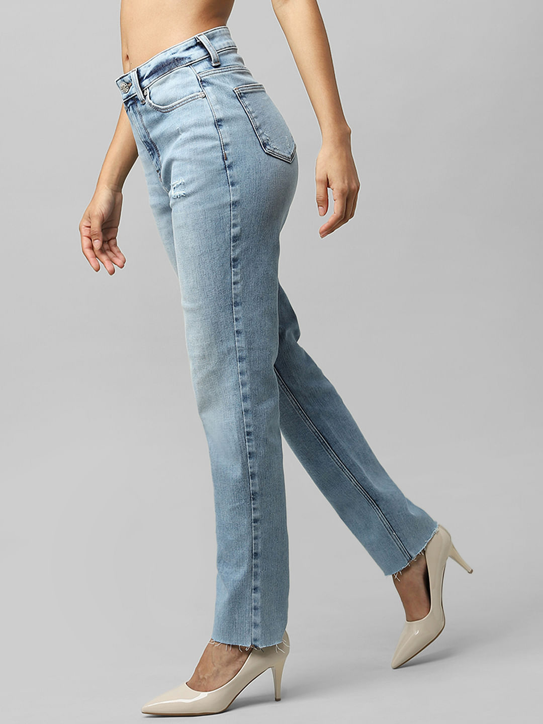 light blue high waisted straight leg jeans