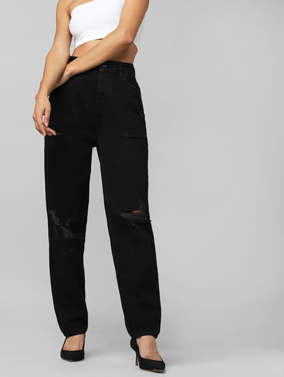 Black High Rise Ripped Mom Jeans