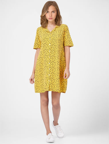 Yellow All Over Print Shirt Dress