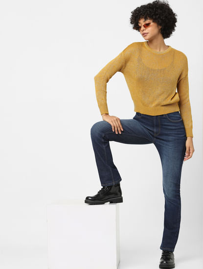 Mustard Lurex Textured-Knit Pullover