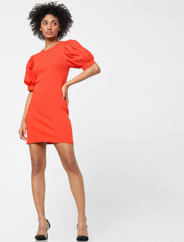 Red Puff Sleeves Jersey Mini Dress