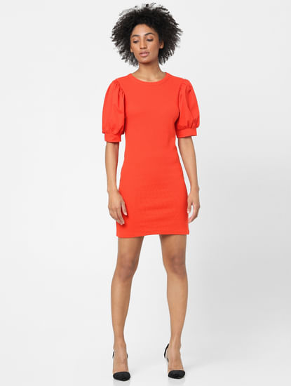 Red Puff Sleeves Jersey Mini Dress