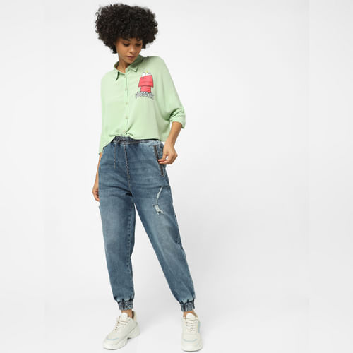 Blue High Rise Washed Denim Joggers