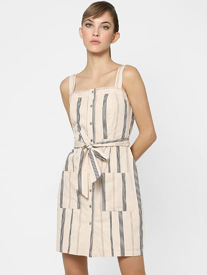 Beige Striped Mini Dress