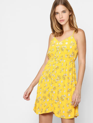 Yellow Floral Print Fit & Flare Dress