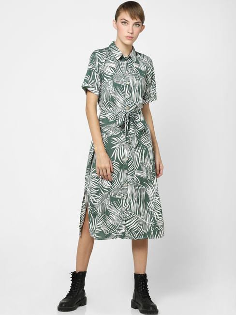 Green Tropical Print Shirt Dress