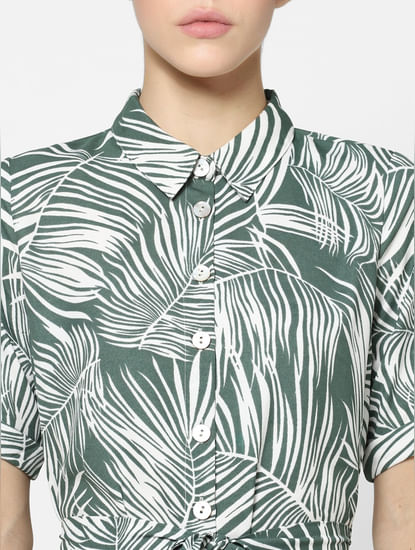 Green Tropical Print Shirt Dress