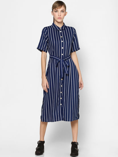 Navy Blue Striped Shirt Dress