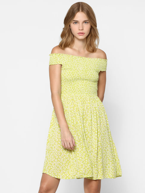 Green Floral Print Off-Shoulder Dress