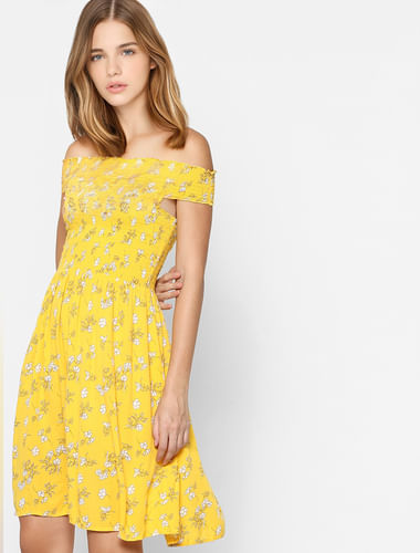 Yellow Floral Print Off-Shoulder Dress