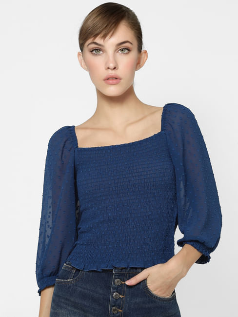 Blue Textured-Smocked Top