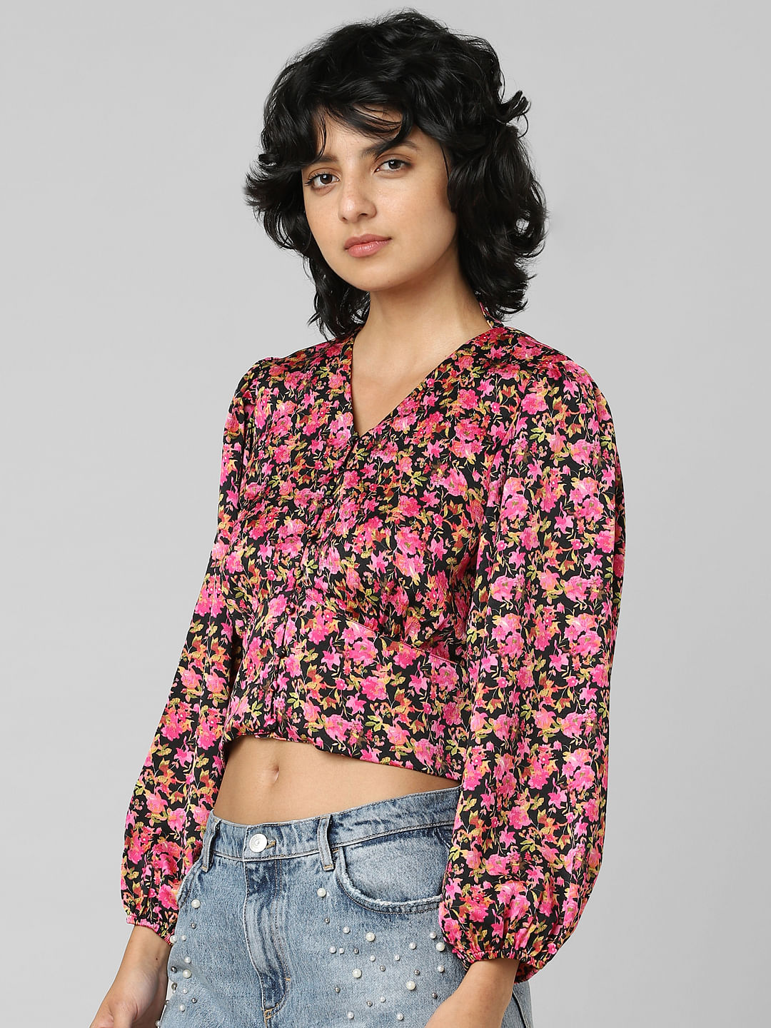 Buy KASSUALLY Blue Floral Cinched Waist Smocked Top - Tops for
