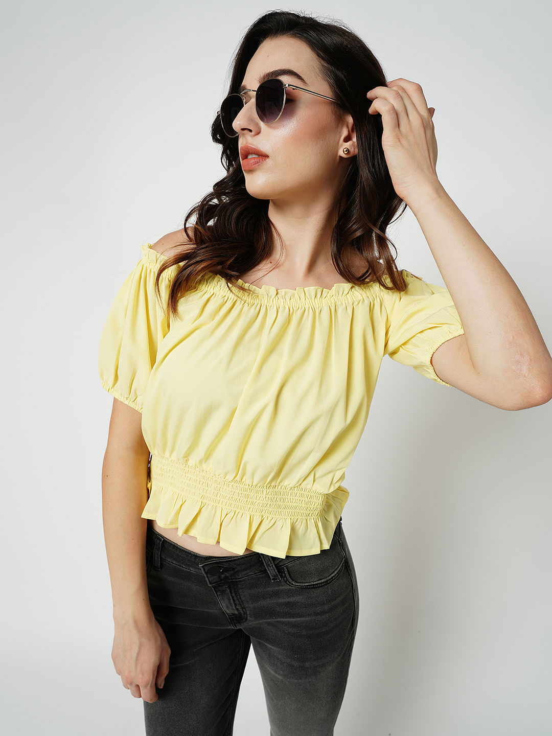 Yellow over best sale the shoulder top