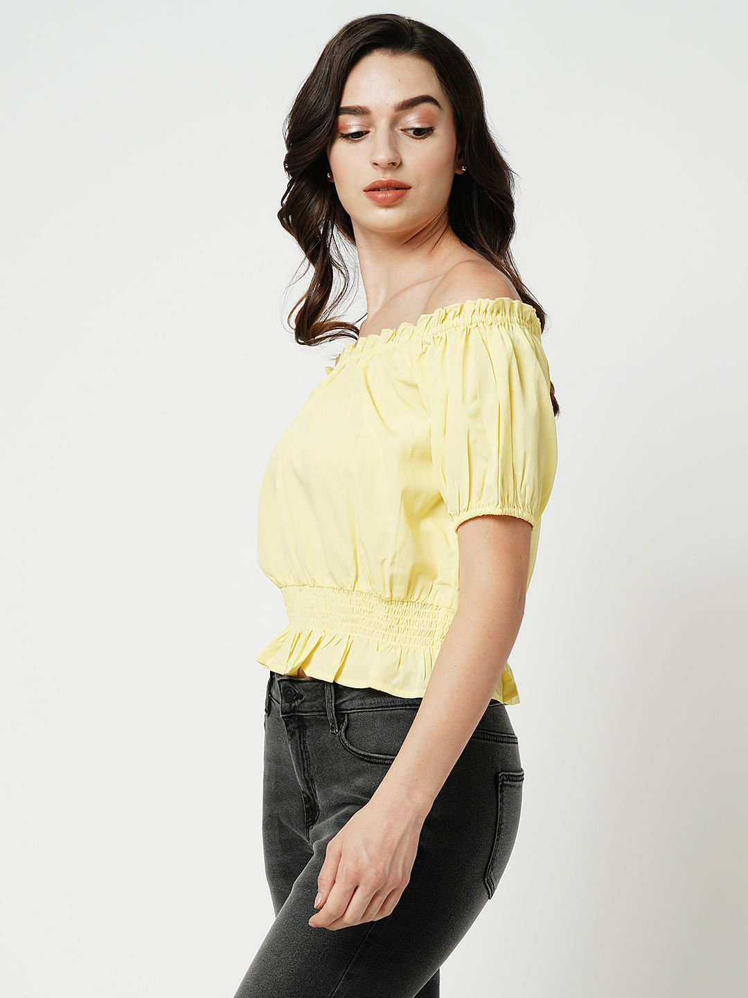 Bright yellow off 2025 the shoulder top