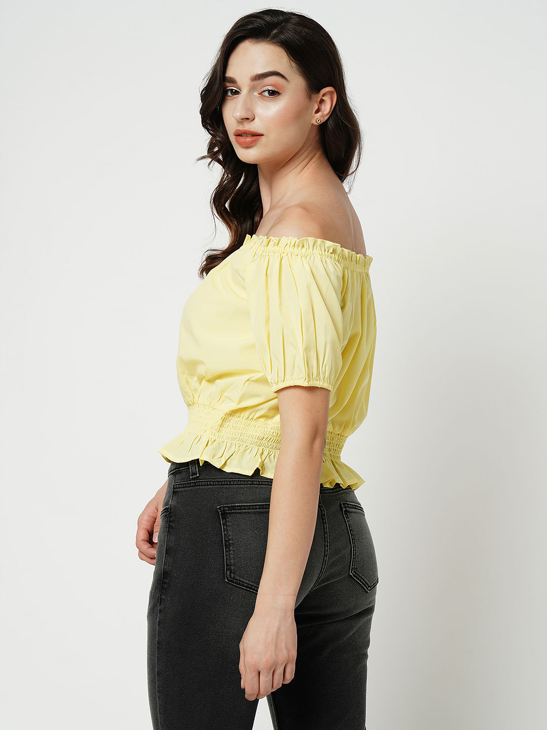 Yellow off store the shoulder shirt