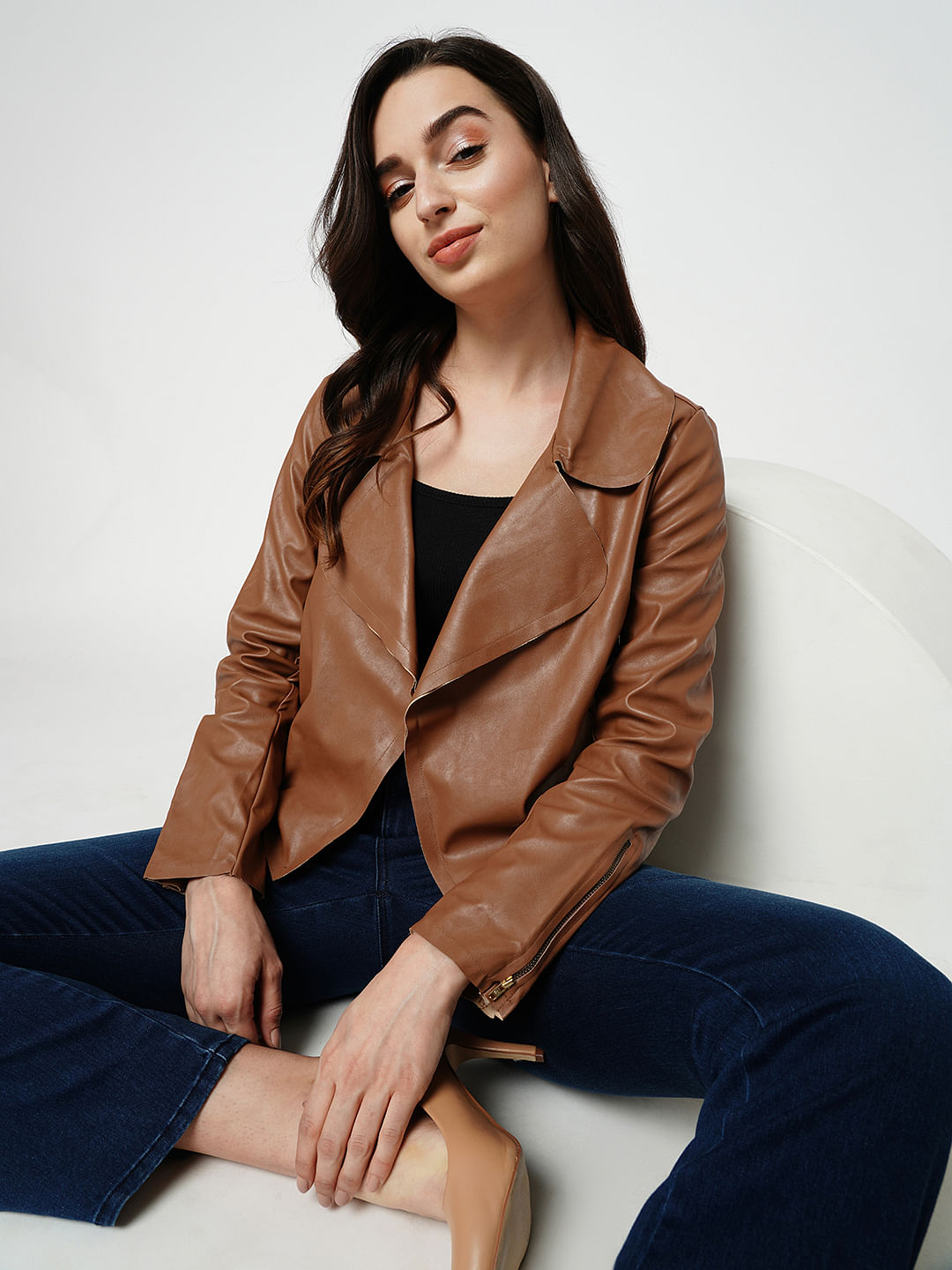 Faux leather sales tan jacket