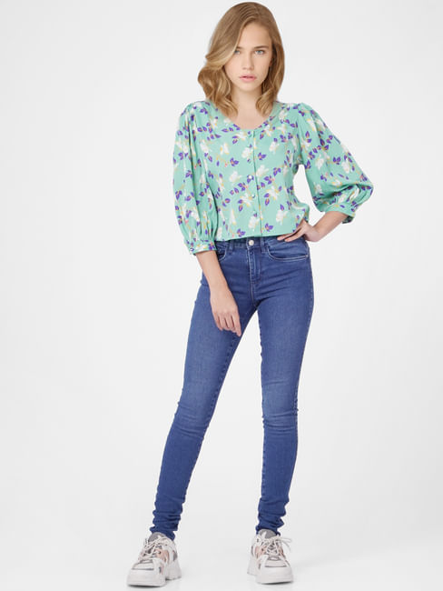 JDY by ONLY Green Floral V-Neck Top