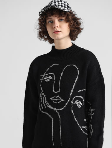 Black Jacquard Knit Printed Pullover