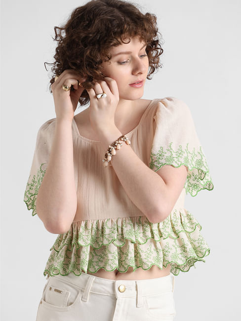 Beige Embroidered Ruffle Top