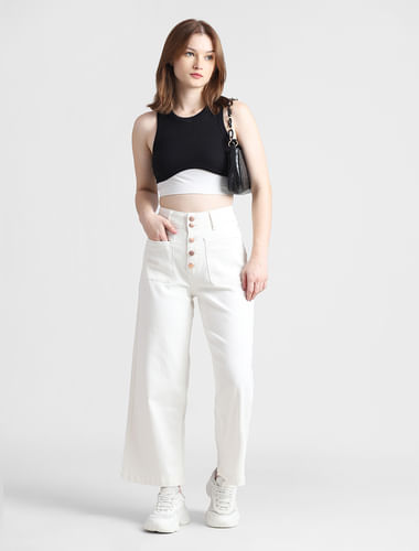 White High Rise Button Front Wide Leg Jeans