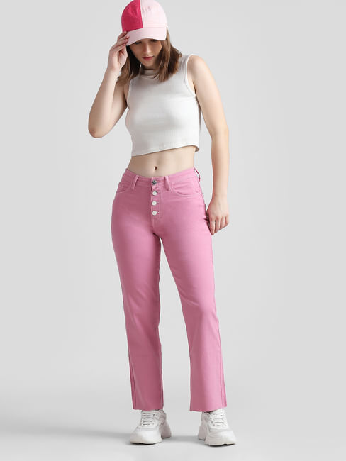 Orchid Pink Mid Rise Flared Jeans