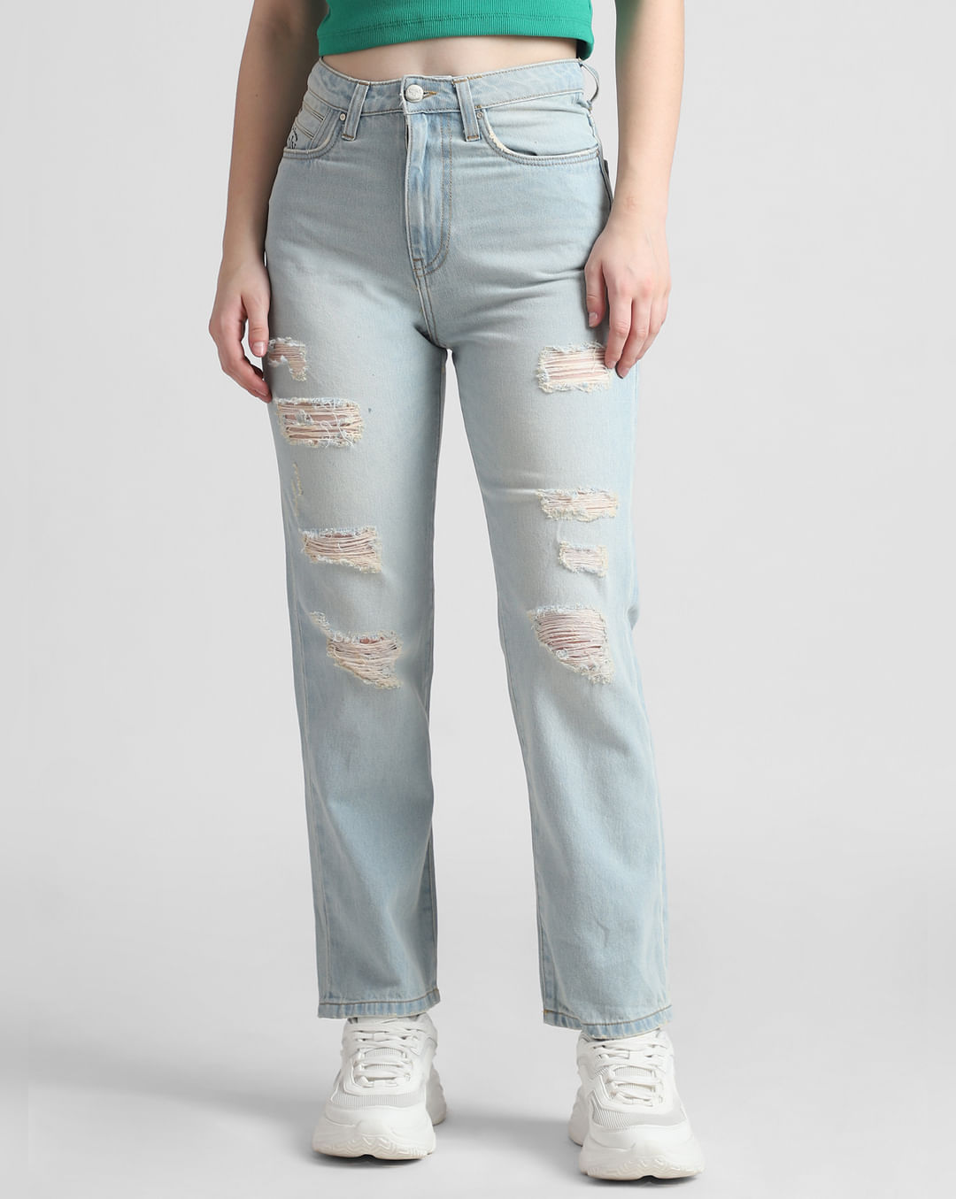 Light Blue Heavily Distressed Mom Fit Jeans