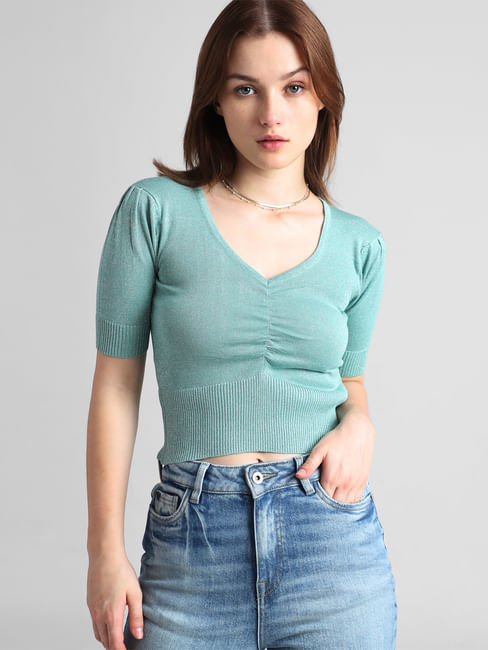 Green Rib-Knit Fitted Top