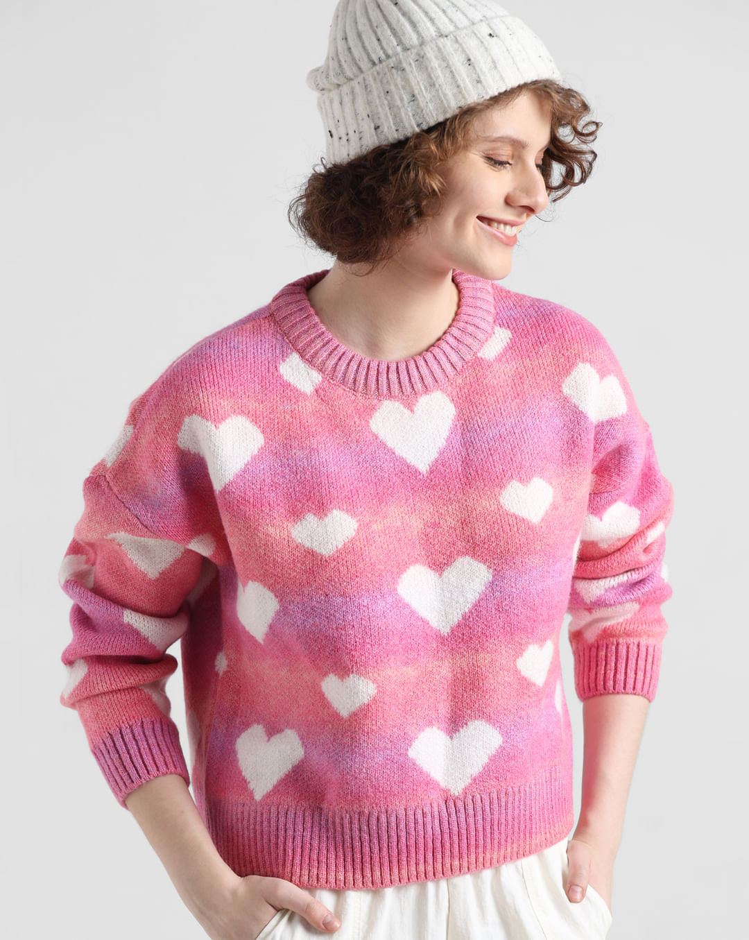 Pink Heart Printed Jacquard Pullover|236830101-Lavendula