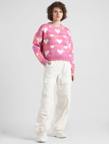 Pink Heart Printed Jacquard Pullover