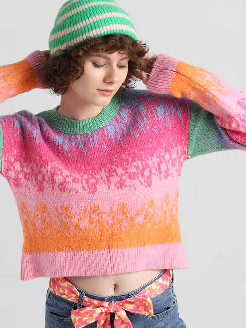 Pink Colourblocked Jacquard Knit Pullover