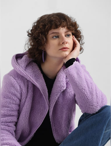 Purple Hooded Sherpa Coat