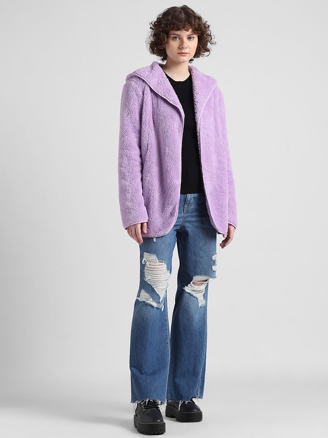 Purple Hooded Sherpa Coat