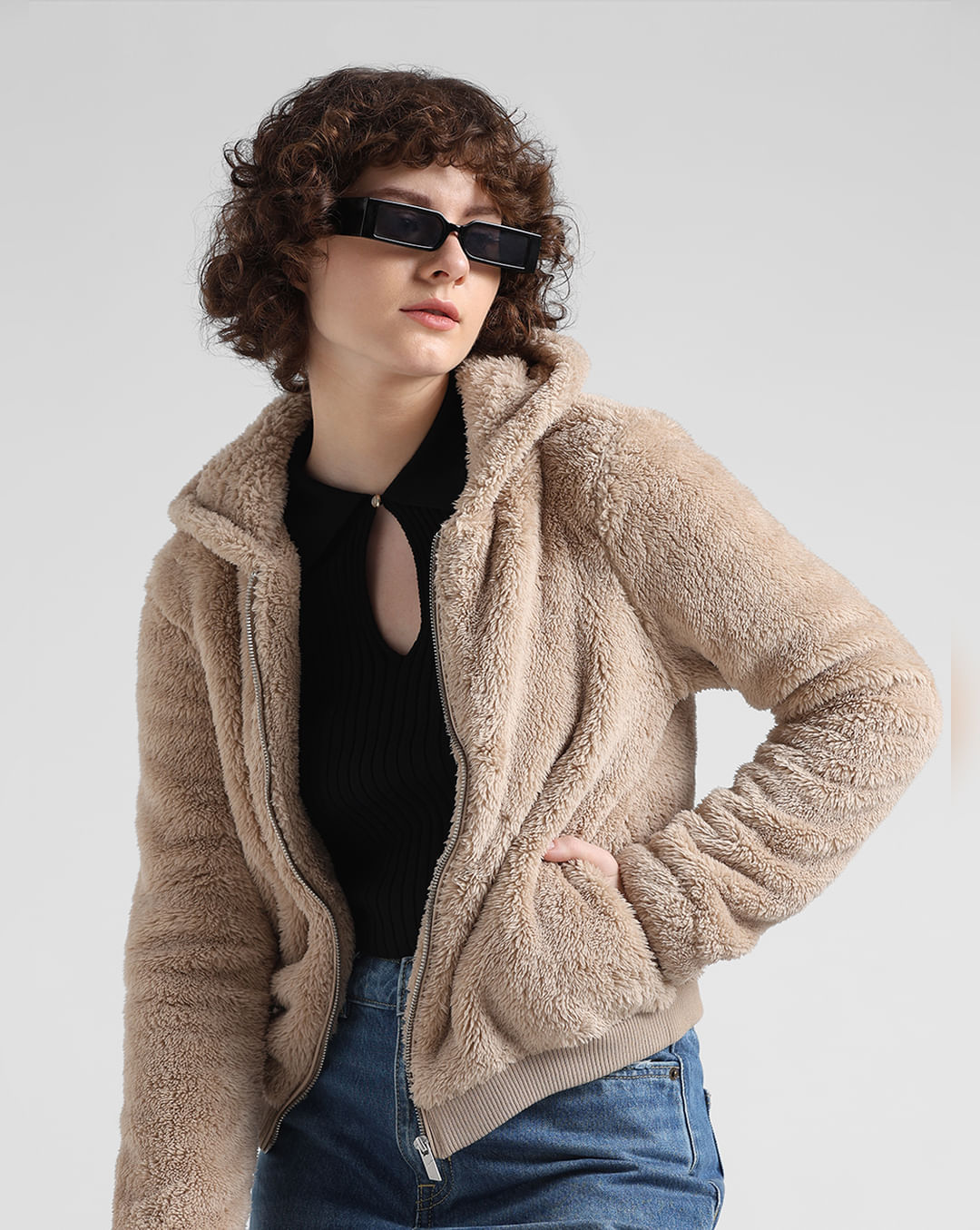 Beige Relaxed Fit Zip-Up Sherpa Jacket