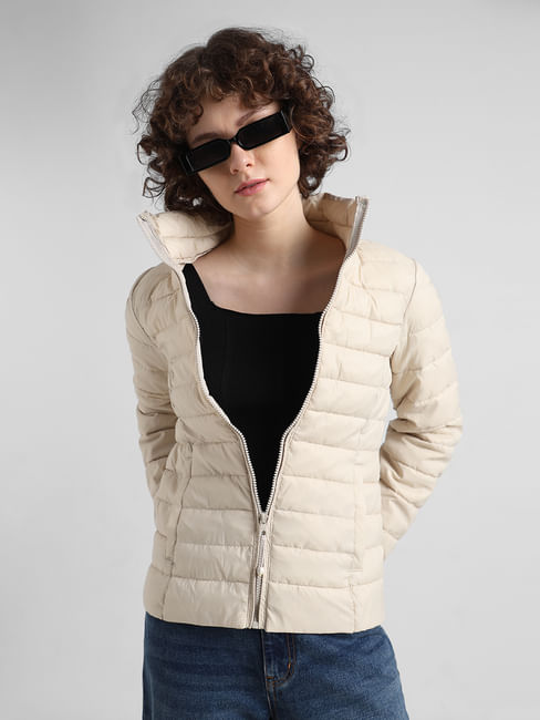 Beige Quilted High Neck Puffer Jacket