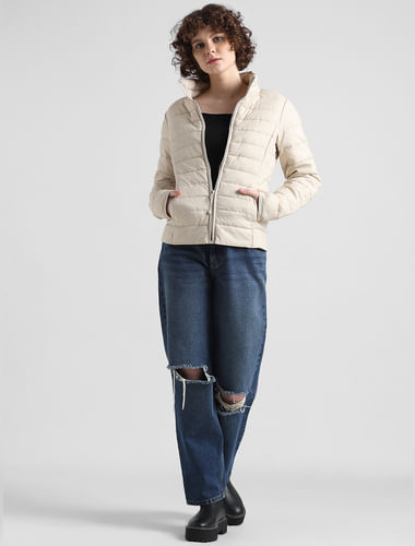 Beige Quilted High Neck Puffer Jacket