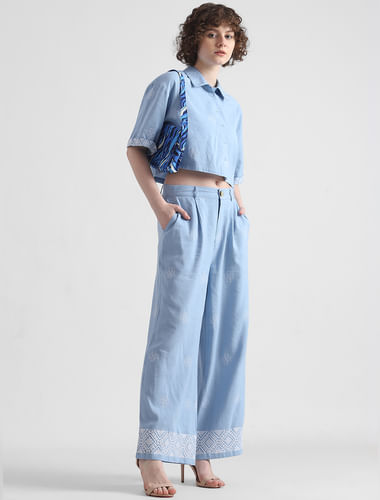 Blue Mid Rise Embroidered Pants