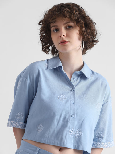 Blue Embroidered Cropped Shirt