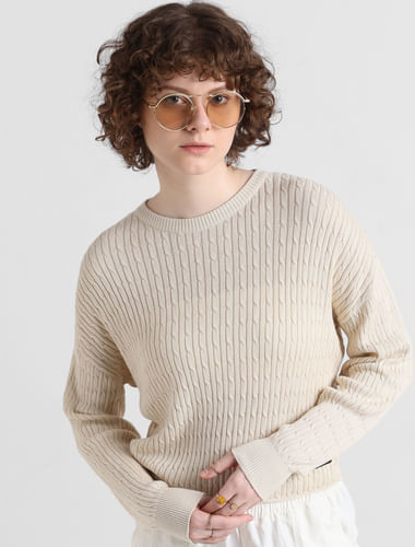 Beige Ribbed Cropped Pullover
