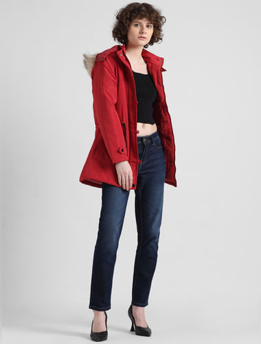 Red Faux Fur Long Parka Jacket