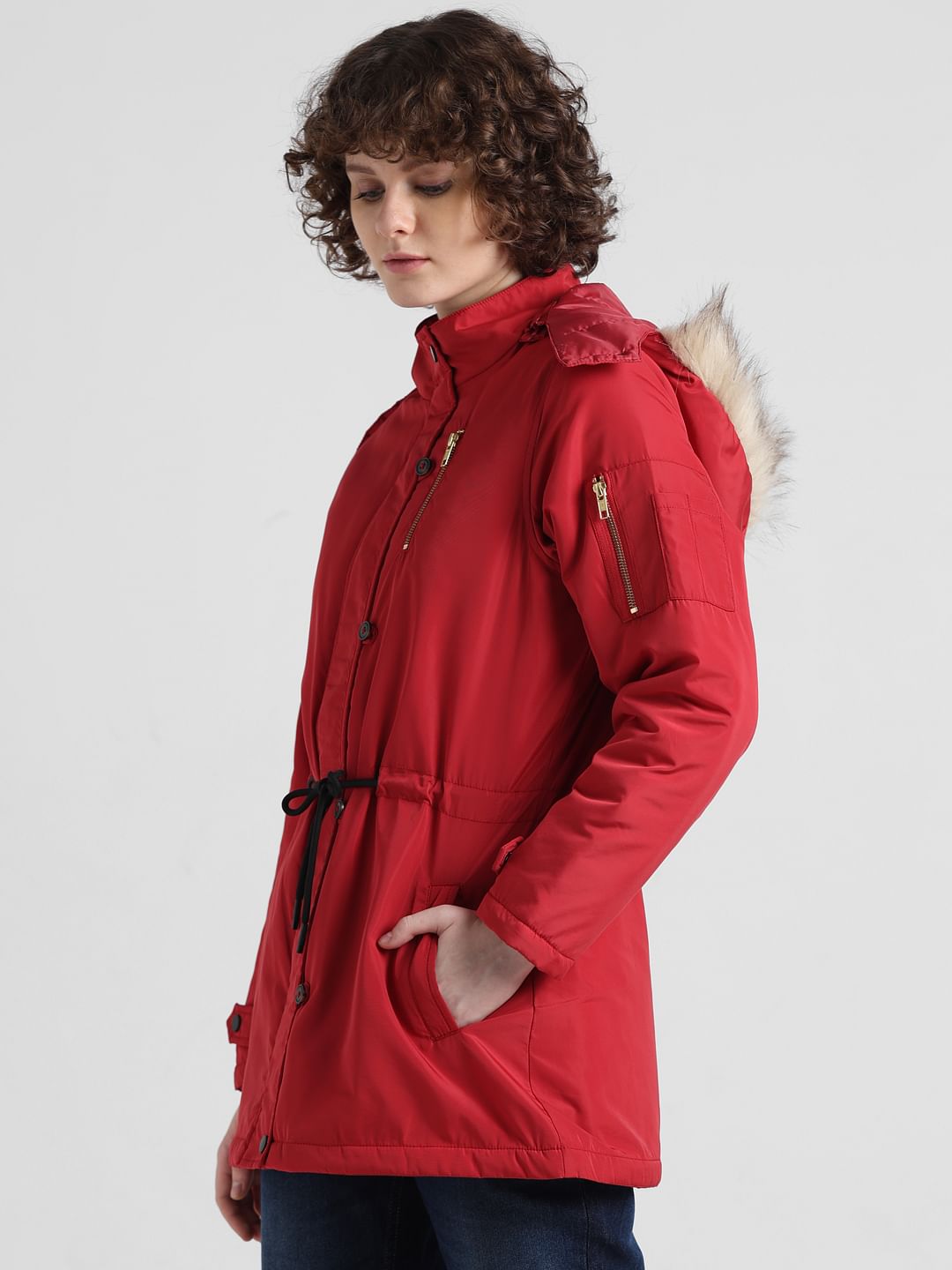 Red Faux Fur Long Parka Jacket