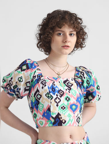 Multi-Coloured Smocked Abstract Print Top