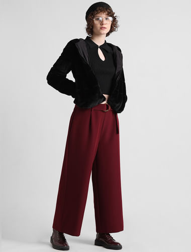 Maroon Mid Rise Belted Culottes