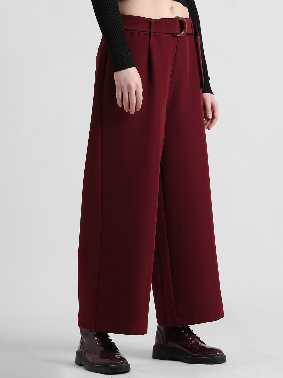 Buy MIXT by Nykaa Fashion Maroon Solid High Waist Wide Leg Velour Trousers  Online