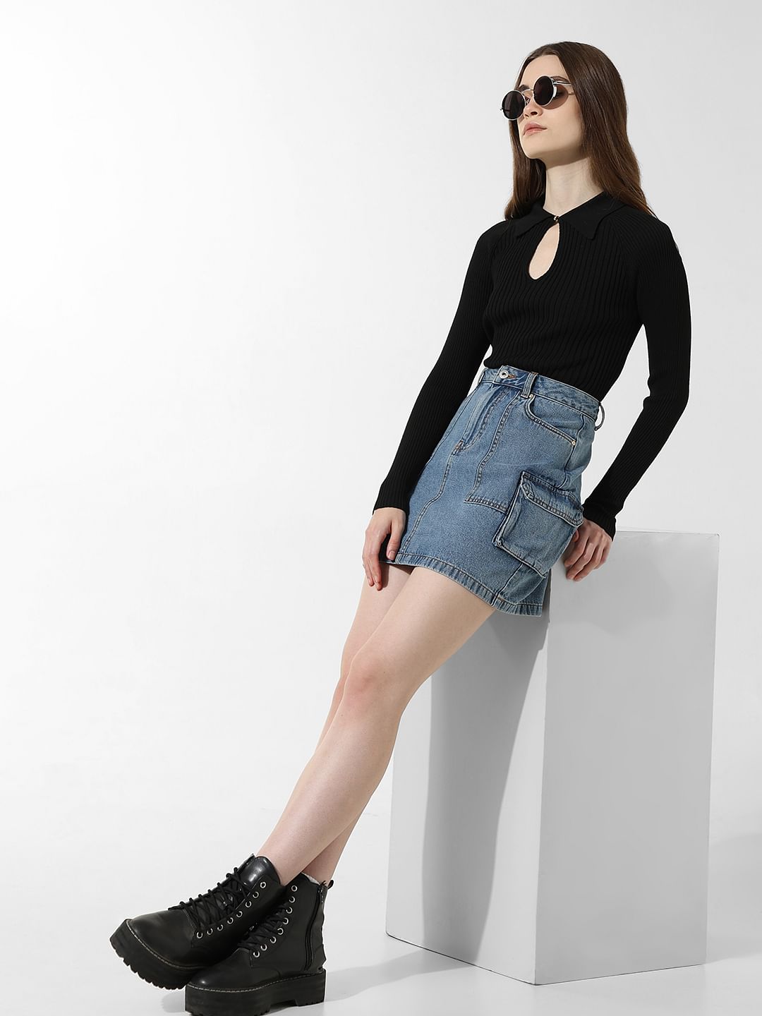 Blue High Rise Cargo Denim Skirt