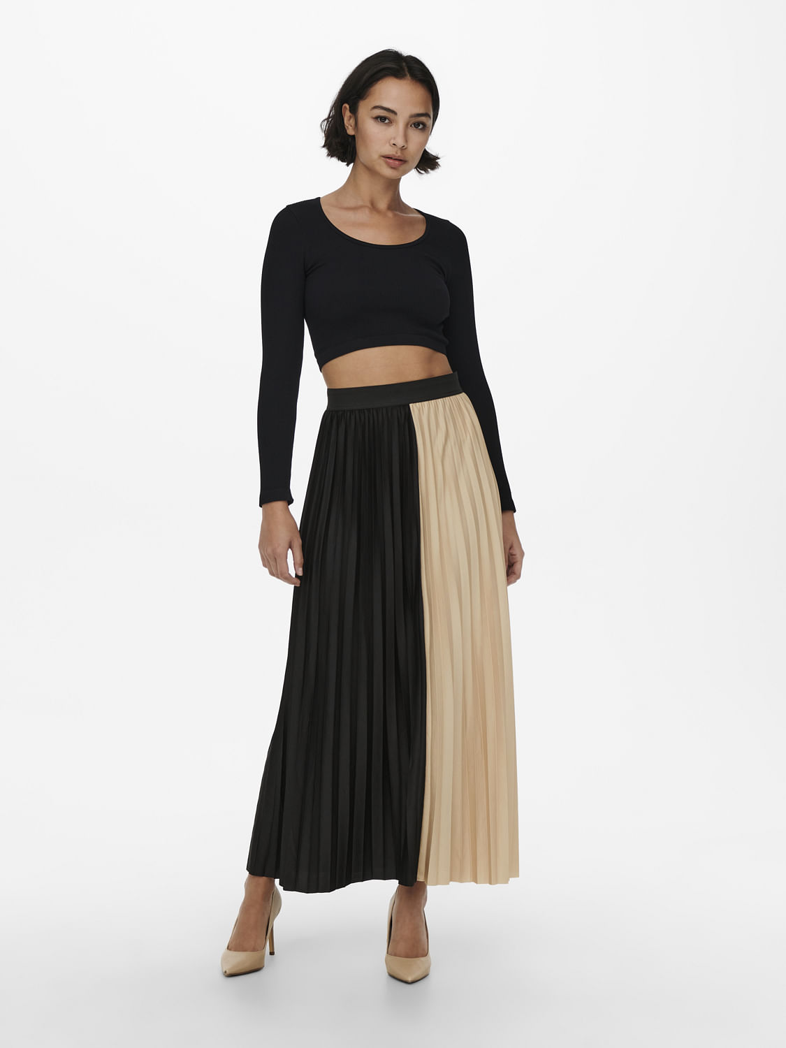 Radiant Black Washer Satin Pleated Midi Skirt  Flo  Frankie